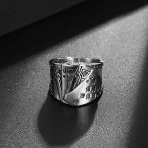 Vintage titanium steel ring for men featuring a poker card design in punk hip hop style