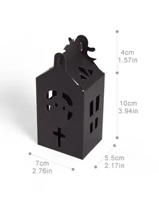 Detail view of black Halloween house-shaped gift box with specific dimensions