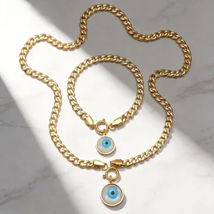 Collier Et Bracelet Mauvais Œil En Acier Inoxydable Bijoux Chaîne Cubaine Plaqué Or Hip Hop