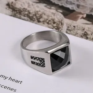 Vintage titanium steel ring with large black faceted square gemstone for men and women
