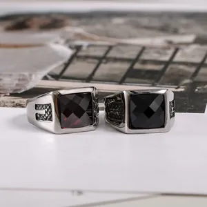 Vintage court style titanium steel ring with square cut gemstone for men and women