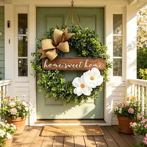 Artificial Eucalyptus Wreath Door Hanging Burlap Bow Wood Sign Home Sweet Home White Flowers Rustic Farmhouse Decor