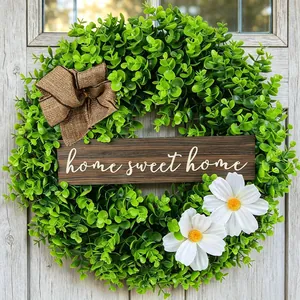 Artificial green boxwood wreath with home sweet home sign and burlap bow for door decor