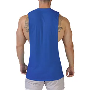 Back view of a professional royal blue men's sleeveless gym tank top on a model