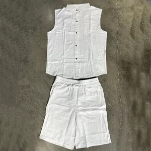 Top-down view of men's white breathable linen sleeveless shirt and shorts two-piece set