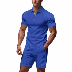 Detail view of men's blue waffle knit polo shirt and shorts set with zipper closure