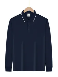 Front view of navy blue long-sleeved polo shirt with white collar trim detail on wooden hanger