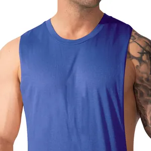 Detail of a solid blue men's sleeveless workout muscle tank top with a crew neck.