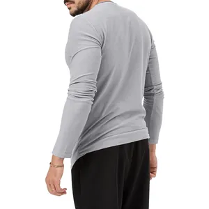 Back view of a slim fit men's long-sleeved grey vintage Henley T-shirt with fine texture