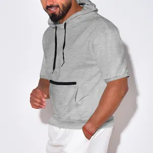Detailed side view showing a men's gray short sleeve hooded t-shirt with heavy fabric