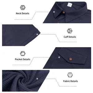 Detailansicht des strukturierten Cordstoffs, Kragens und der Tasche eines blauen Poloshirts