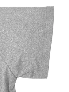 Macro view of grey quick-dry athletic T-shirt sleeve highlighting the fabric texture