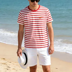 Men's casual red and white striped summer t-shirt with chest pocket detail