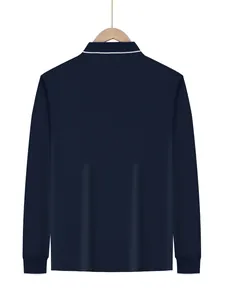 Rear view of a navy blue long-sleeve polo shirt featuring white striped collar and cuffs.