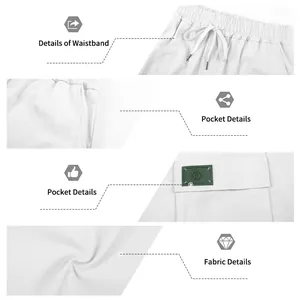 Detailed macro views of men's white cargo shorts waistband, pockets, and fabric texture