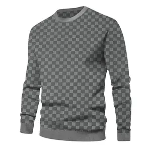 Detail view of grey checkered jacquard knit sweater for men on a 3D mannequin model.
