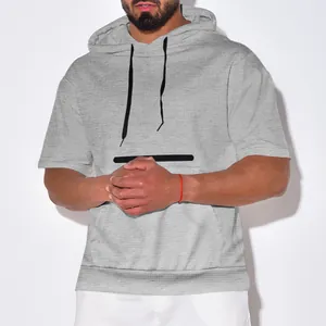 Front view of men's grey heavyweight waffle knit hooded short-sleeve t-shirt