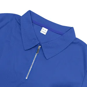 Close-up of blue waffle knit polo shirt with metallic zipper and XL internal neck label