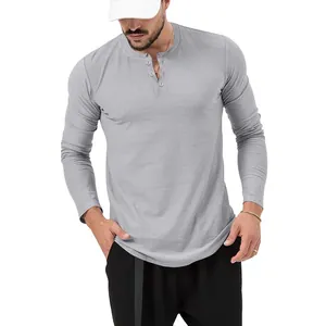 Close-up of a gray slim-fit long-sleeved Henley shirt featuring a classic button placket.