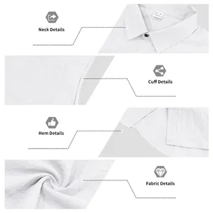 Close-up views of white linen shirt details including neck, hem, and fabric texture