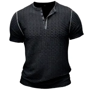 Men's slim fit muscle Henley shirt with 3D bubble texture black short sleeve