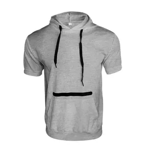 Casual men's grey short sleeve hoodie with waffle texture and black drawstrings.