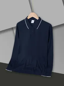 Detailed close-up of navy blue polo shirt collar with white tipping and button placket