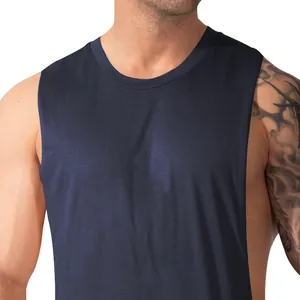 Detail view of navy blue men's sleeveless fitness tank top showing fabric texture.