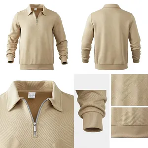 Detailed macro view of khaki textured jacquard polo sweatshirt with a half-zip collar.