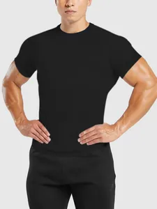 Close-up of black quick-dry crew neck sports T-shirt on athletic model