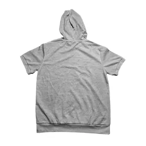 Detailed back view of a grey waffle knit short sleeve casual hoodie showing fabric texture