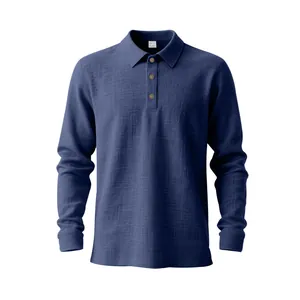 Navy blue men's breathable linen long-sleeve polo shirt with classic three-button collar