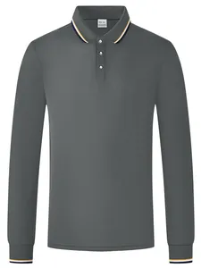 Detailed view of grey long-sleeved polo shirt featuring striped collar and ribbed cuffs
