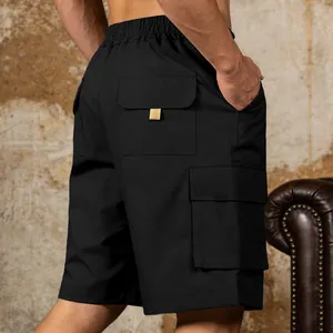 Detailed back view of black men's outdoor cargo shorts featuring functional multi-pockets