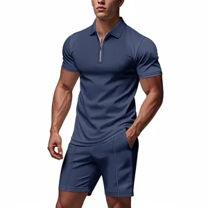 Men's summer waffle knit two-piece set with zipper polo shirt and matching shorts