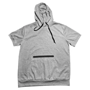 Close-up detail of a grey waffle knit short sleeve hoodie for men with drawstrings.