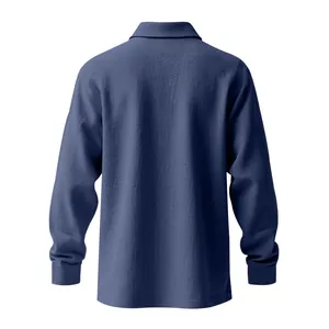 Detailed back view of a men's navy blue long-sleeved linen polo shirt with texture