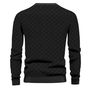 Back view of men's black crew neck sweater with heavy jacquard checkerboard texture