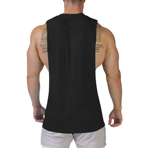 Back view detail of a solid black sleeveless men's fitness tank top for bodybuilding