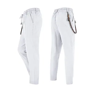 Vue détaillée latérale et arrière d'un pantalon de loisirs en lin blanc pour hommes