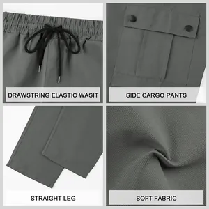 Vista detallada de pantalones cargo grises con cintura elástica y bolsillos laterales
