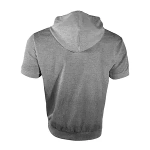 Detailed back view of men's grey hooded short sleeve t-shirt featuring waffle knit texture.
