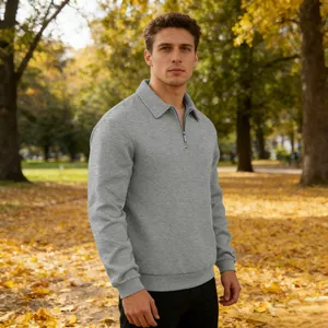 Men's grey textured jacquard polo sweatshirt with long sleeves and half-zip collar