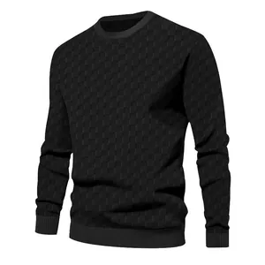 Macro view of men's black knitted sweater featuring a heavy jacquard checkerboard pattern