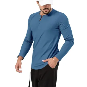 Detail view of a men's slim-fit long-sleeve Henley shirt in a muted blue color.