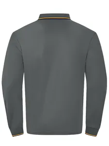 Detailed back view of a breathable men's long-sleeve polo shirt in charcoal grey