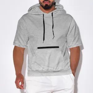Close-up of men's casual grey hooded short-sleeve T-shirt with black drawstring