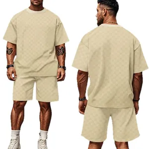 Completo sportivo estivo da uomo con t-shirt e pantaloncini in jacquard beige