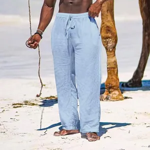 Light blue men's breathable cotton linen wide-leg trousers for casual beach wear