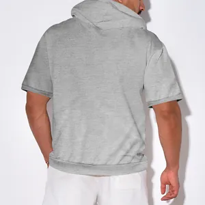 Detailed back view of a men's heavy-weight grey short-sleeved hooded casual T-shirt